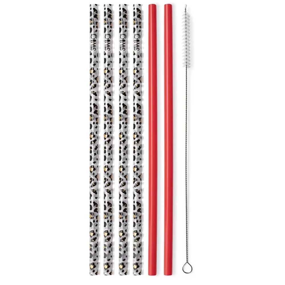 Swig Life NWT Reusable Gold Leopard + Red Tall Straw Set